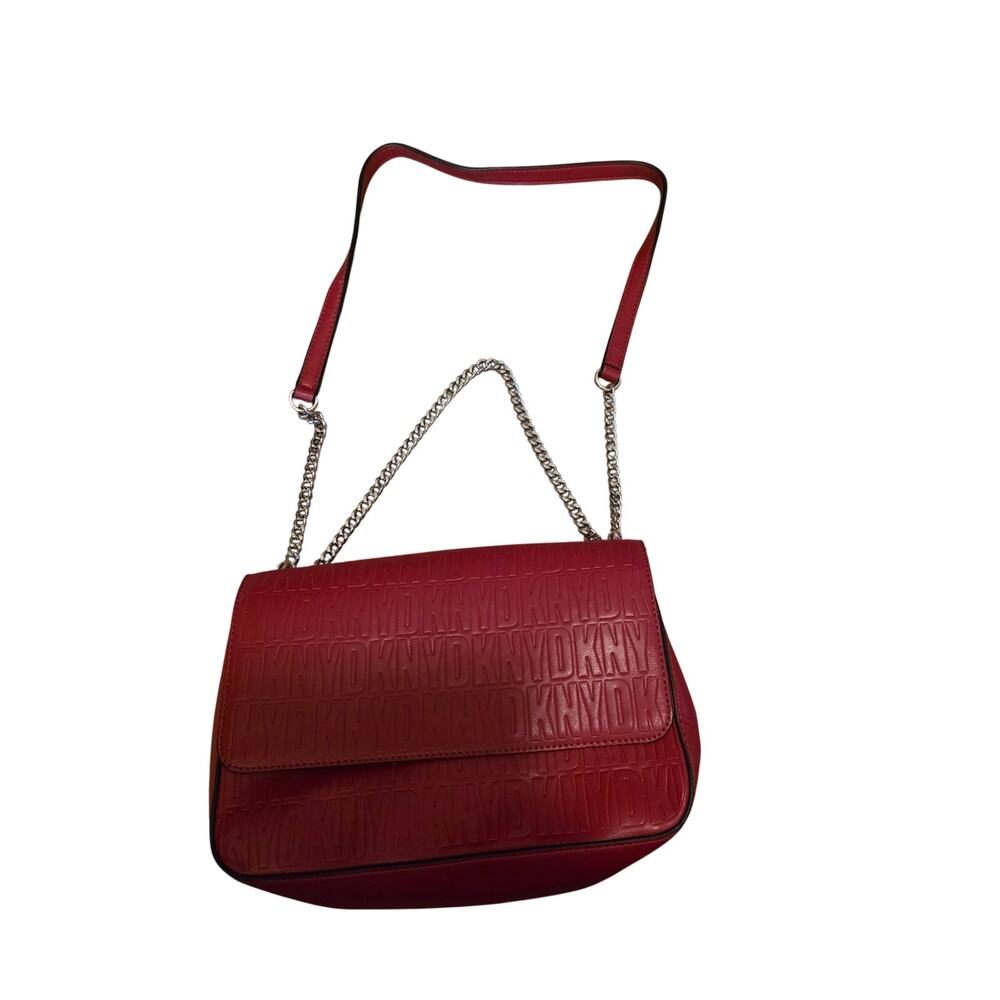 DKNY Red Debossed Signature Logo Flap Crossbody Bag Chain Strap
